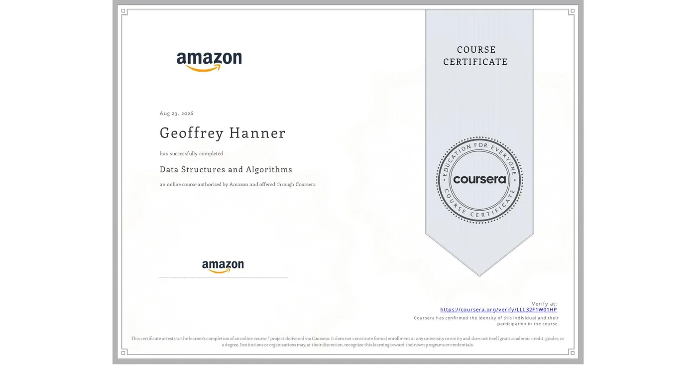 Coursera certificate for Data Structures and Algorithms, completed by Geoffrey Hanner