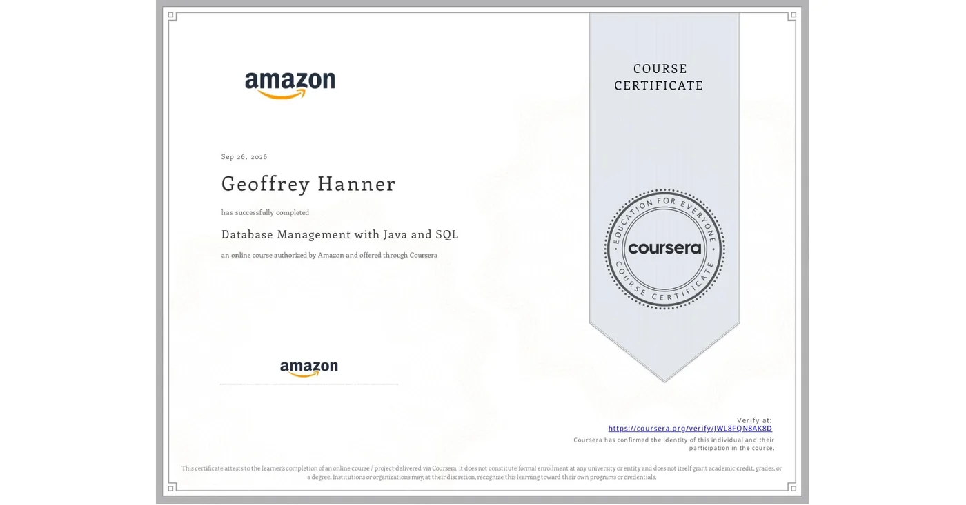 Coursera certificate for Database Management with Java and SQL, completed by Geoffrey Hanner