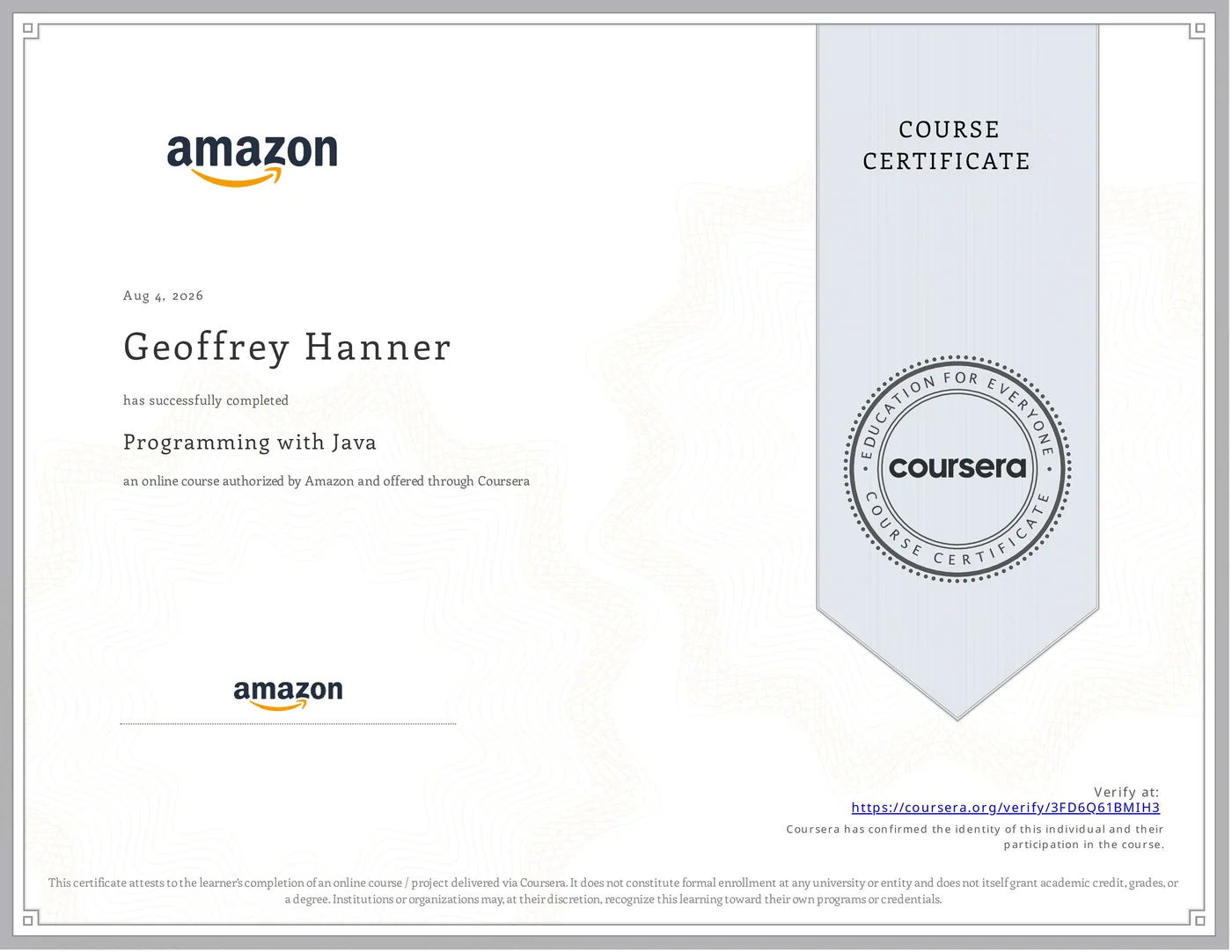 Coursera certificate for Programming with Java, completed by Geoffrey Hanner